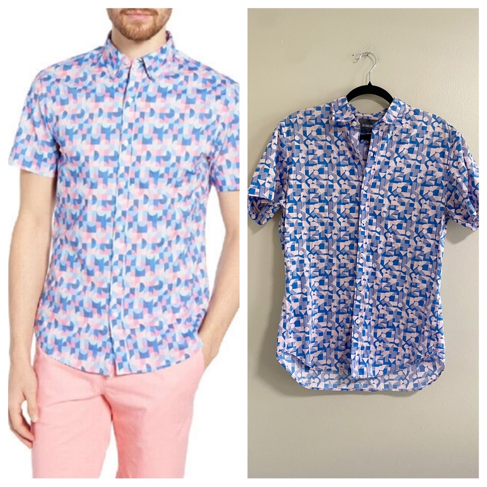 Bonobos Riviera Blue and Pink Casual Button Down Shirt Medium Slim Fit